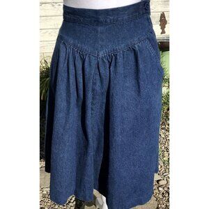 Vtg Wrangle 80$ Yoke Flared Midi Skirt Women's 8 Blue Denim Pleated Cotton Sz 9